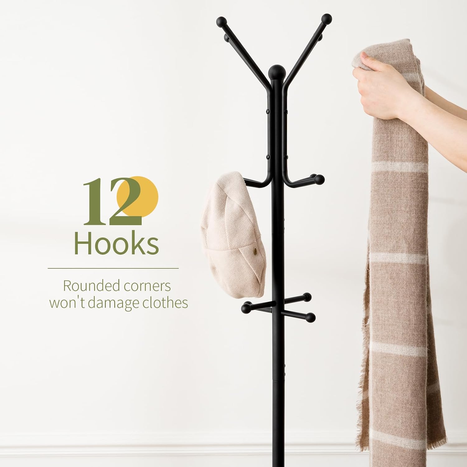 Yoobure Coat Rack Freestanding - Coat Tree with Umbrella Holder, Metal Coat Rack Stand with 12 Hooks, Modern Coat Hanger Stand for Entryway, Purse Rack Hat Rack Stand for Living Room Bedroom Office
