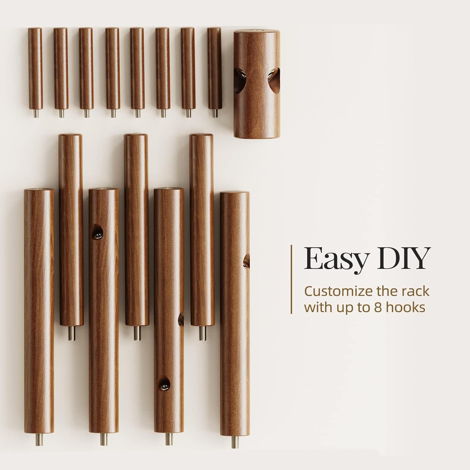 Pipishell Sturdy Wooden Coat Tree with 8 Hooks, 3 Adjustable Sizes for Clothes, Hat Stand Used in Bedroom/Office/Entryway, Brown