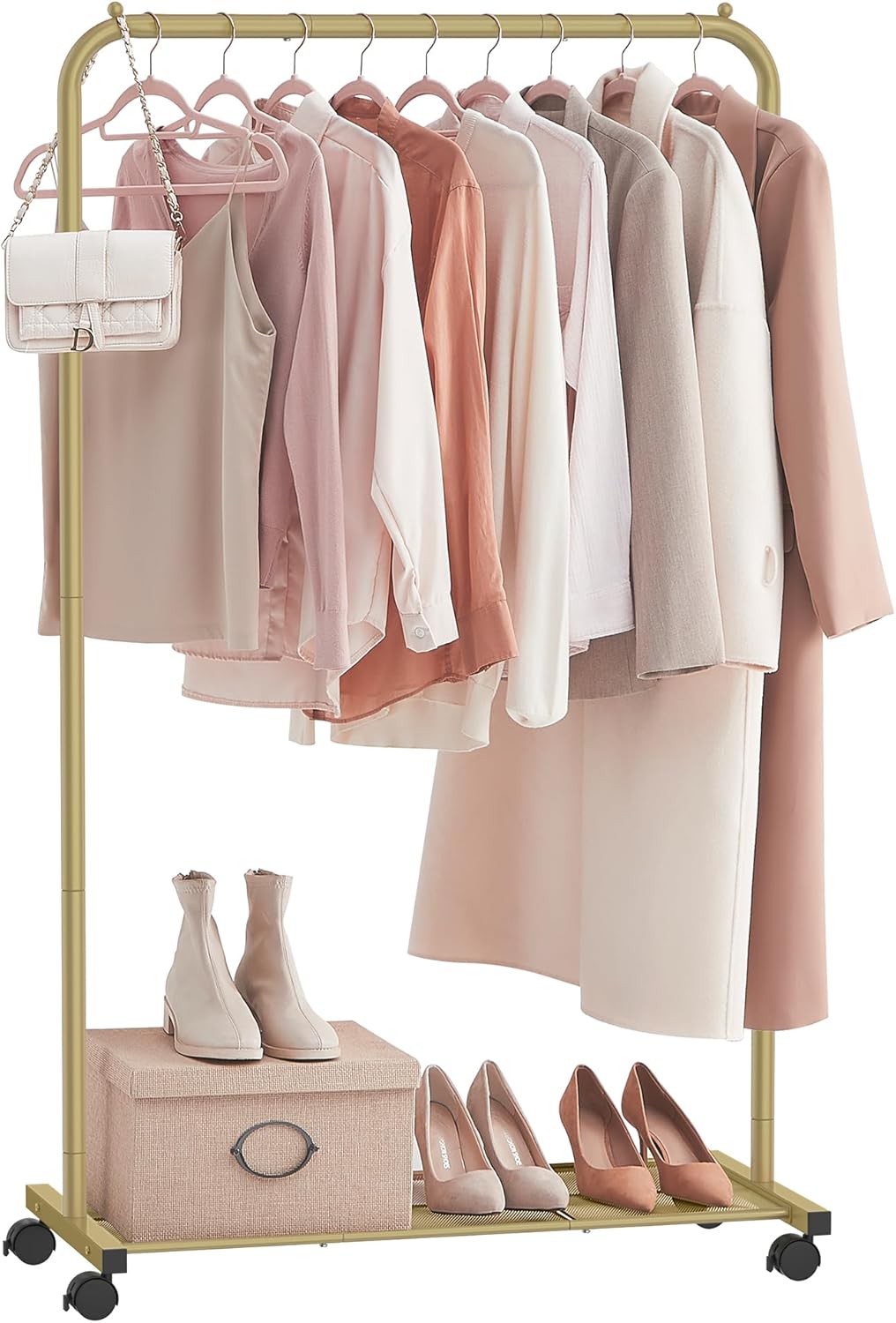 SONGMICS Clothes Rack with Wheels, Clothing Rack for Hanging Clothes, 25.4 mm Metal Garment Rack with Dense Mesh Storage Shelf, 110 lb Load Capacity, 2 Brakes, Black UHSR25BK