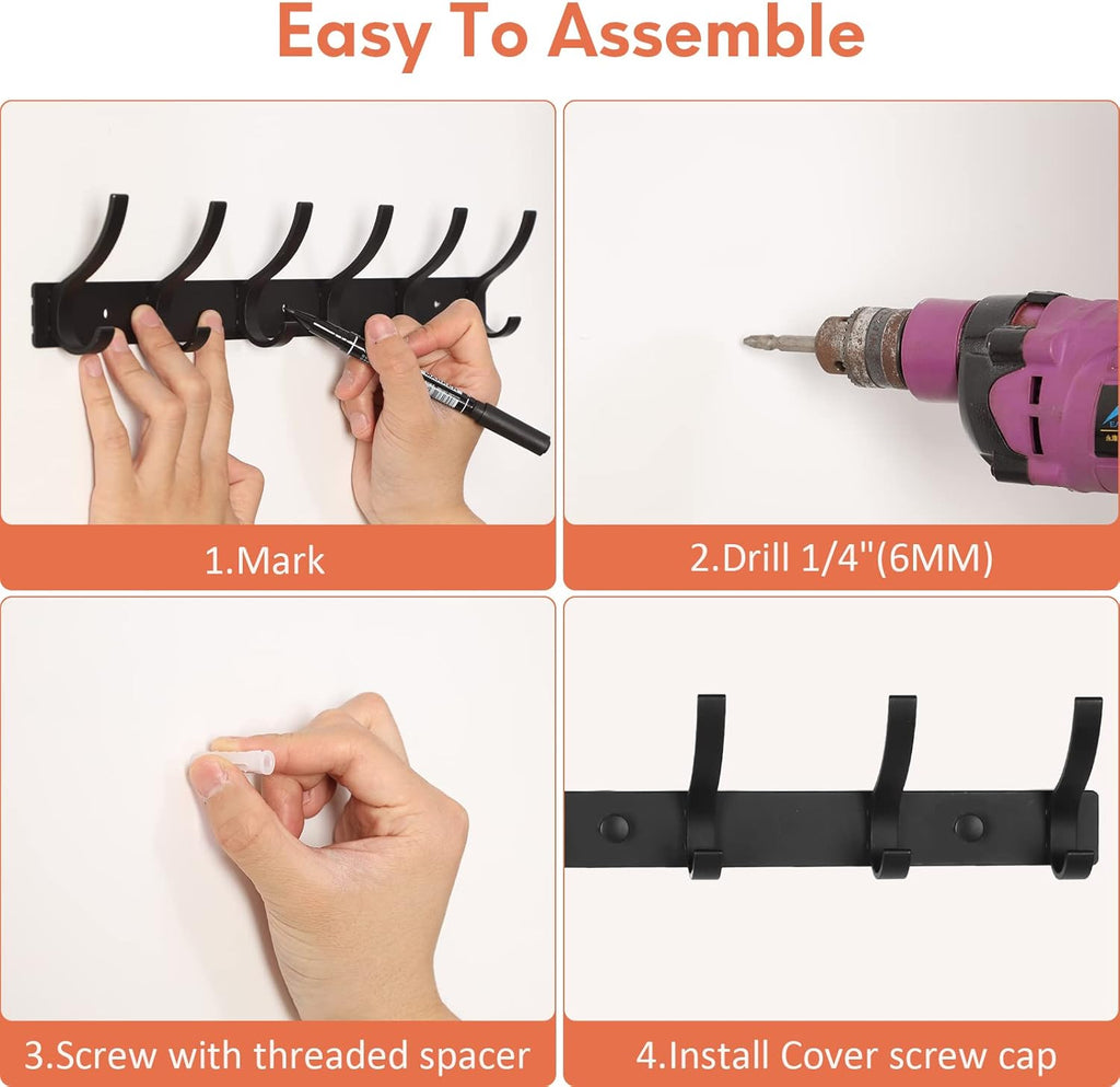 Coat Rack Wall Mount, Wall Hooks for Hanging, Entry Coat Hooks Coat Hanger, Hat Rack Holder for Wall, Key Holder Purse Racks, Towel Rack for Bathrooms (2 Pack, Black)