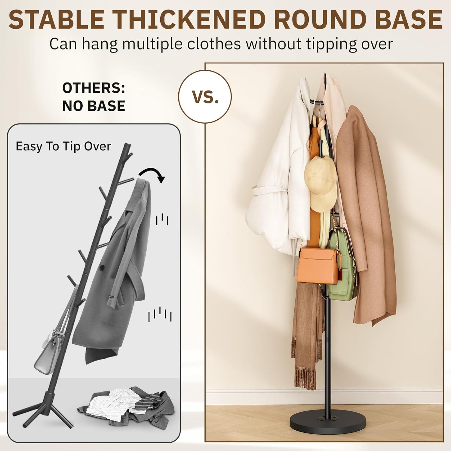 MISSLO Heavy Duty Coat Rack Freestanding 4 Adjustable Size Coat Tree with Stable Wood Base Coat Hanger Stand with 6 Hooks Standing Clothes Tree for Bedroom, Black