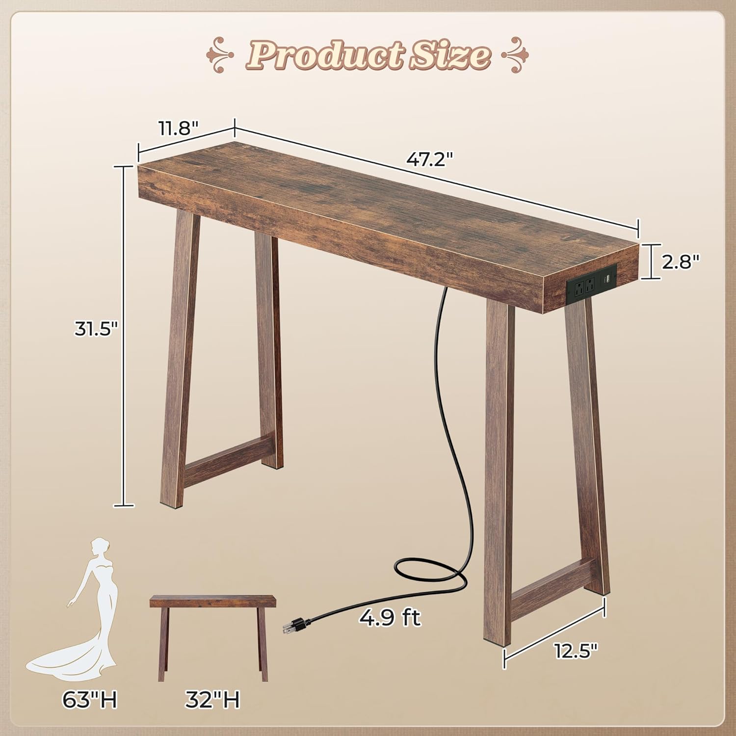 Huuger Entryway Console Table with Charging Station, USB-C Port, 47.2 Inch Sofa Table with Metal Legs, Entry Hallway Table with Thicker Desktop, Modern Behind Couch Table, Rustic Brown