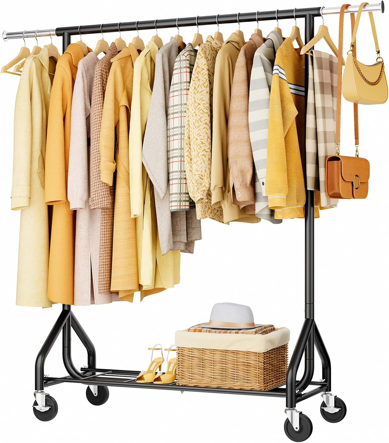 Heavy Duty Clothes Rack Load 450 LBS, Metal Garment Rack, Standing Rolling Clothing Rack for Hanging Clothes with Sturdy Wheels & Shelves, Portable Closet Wardrobe Rack,Sliver