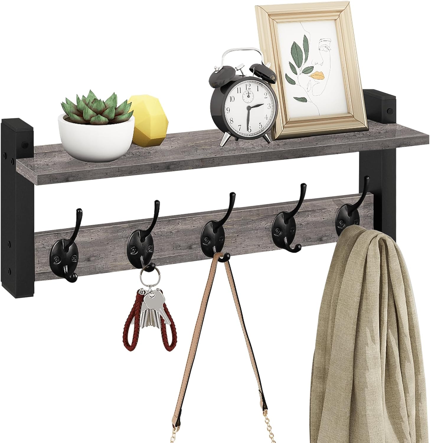 Homode Wall Hooks with Shelf, Wood Coat Rack with Shelf Wall-Mounted, Entryway Hanging Shelves with 5 Metal Hooks for Clothes Hats Towel Purse Robes, Bathroom Mudroom Bedroom, Rustic Brown Black