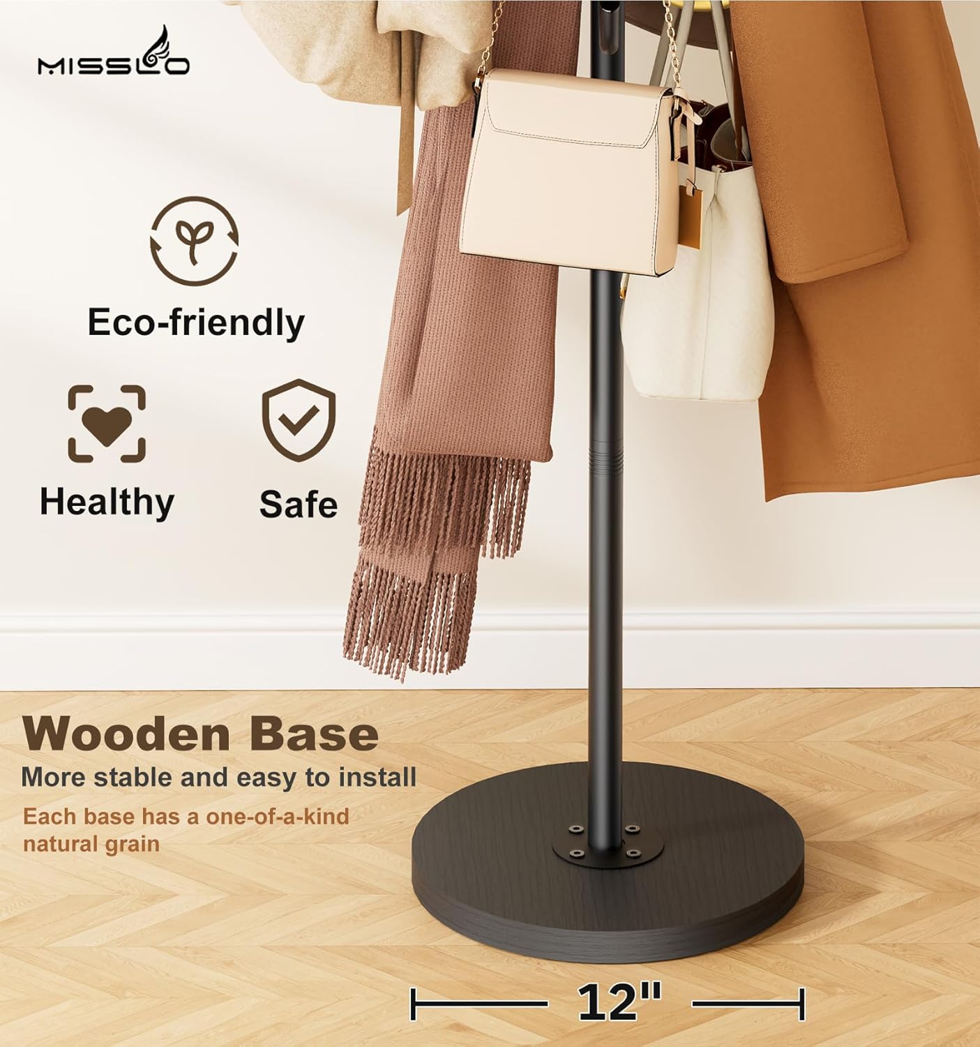 MISSLO Heavy Duty Coat Rack Freestanding with Stable Wood Base Modern Coat Tree with 12 Hooks Adjustable Coats Hanger Stand Stylish Standing Clothes Tree for Entryway Bedroom Corner Hall
