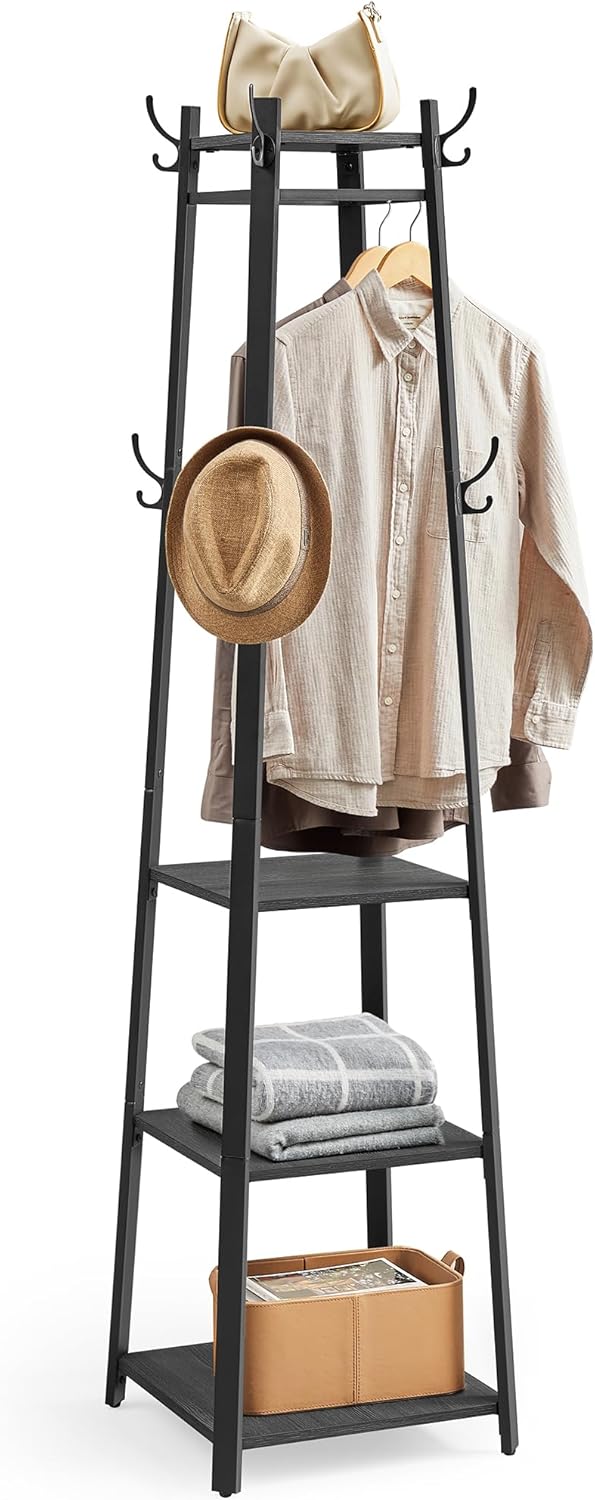 VASAGLE Coat Rack, Coat Stand with 3 Shelves, Hall Tree Free Standing with Hooks for Scarves, Bags, Umbrellas, Steel Frame, Industrial Style, for Entryway, Living Room, Rustic Brown and Black ULCR80X