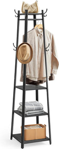 VASAGLE Coat Rack, Coat Stand with 3 Shelves, Hall Tree Free Standing with Hooks for Scarves, Bags, Umbrellas, Steel Frame, Industrial Style, for Entryway, Living Room, Rustic Brown and Black ULCR80X