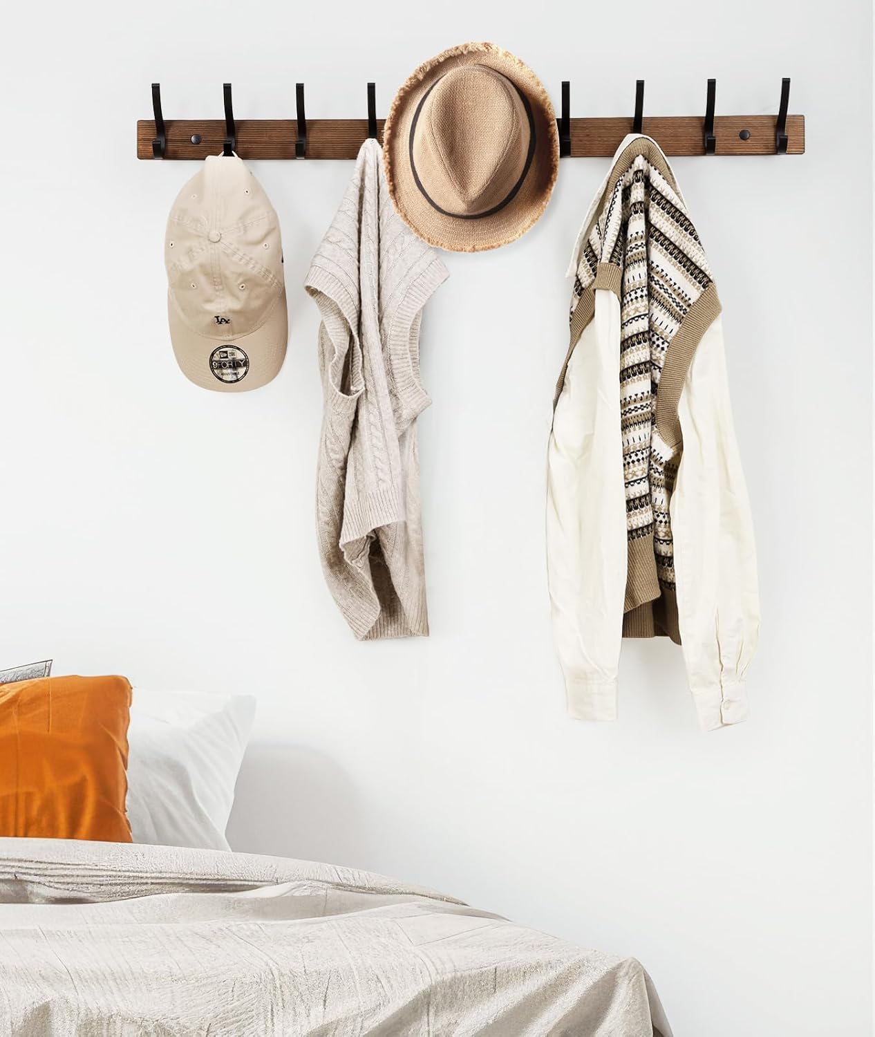 Coat Rack Wall Mount, 16.5 Inches Wood Coat Hooks, Wall Hooks for Hanging, Hat Rack Bag Hanger Key Holder for Wall, Purse Hanger Towel Racks for Bathroom (1Pack, Brown)