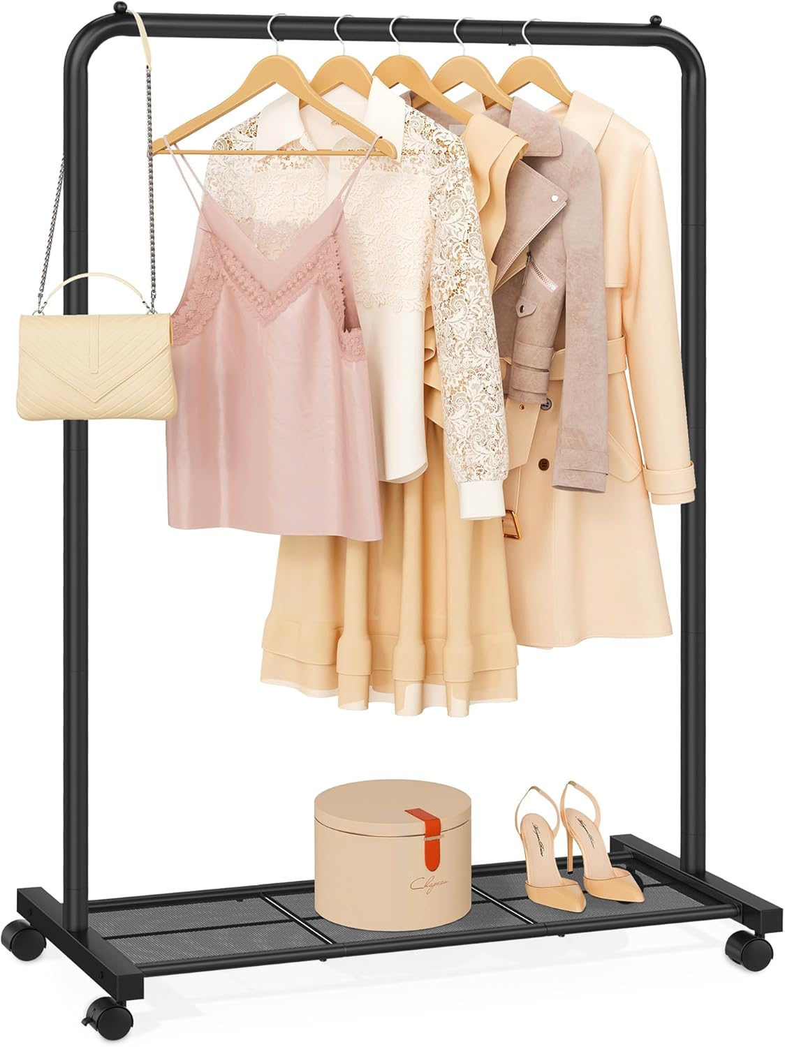 SONGMICS Clothes Rack with Wheels, Clothing Rack for Hanging Clothes, 25.4 mm Metal Garment Rack with Dense Mesh Storage Shelf, 110 lb Load Capacity, 2 Brakes, Black UHSR25BK