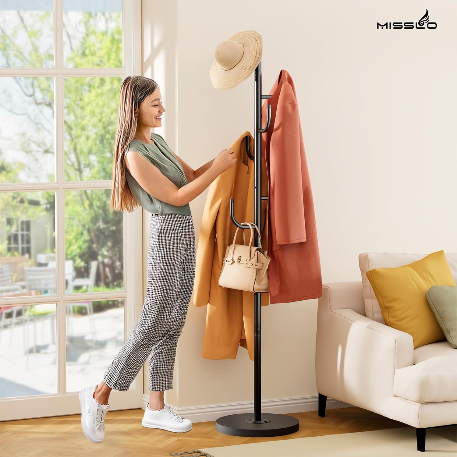 MISSLO Heavy Duty Coat Rack Freestanding 4 Adjustable Size Coat Tree with Stable Wood Base Coat Hanger Stand with 6 Hooks Standing Clothes Tree for Bedroom, Black