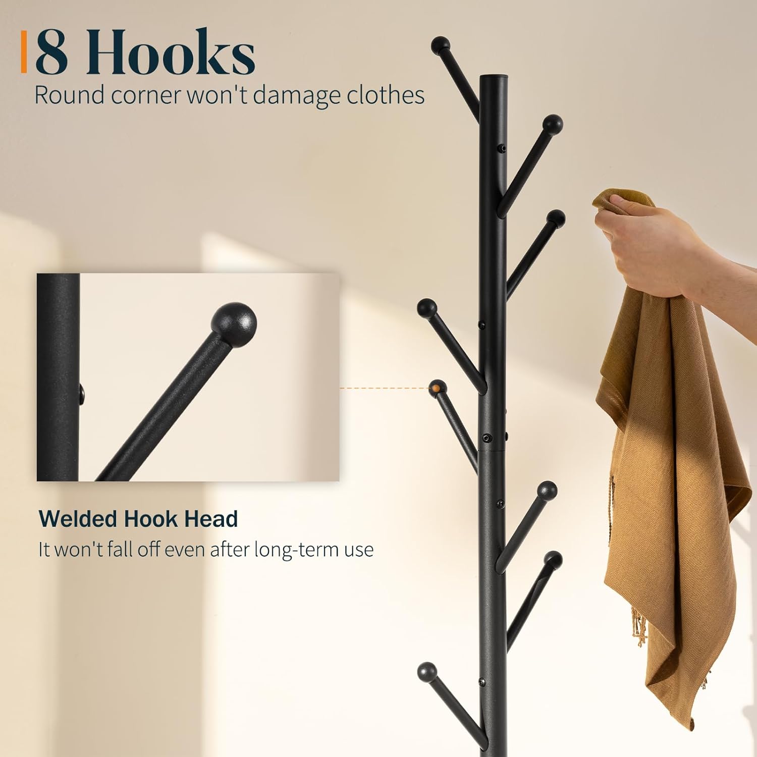 Yoobure Coat Rack Freestanding with Natural Marble Base - Coat Tree with 8 Hooks Heavy Duty Coat Hanger Stand, Metal Coat Rack Stand for Jacket, Hat, Clothes & Bag, Hall Tree Hat Rack for Entryway