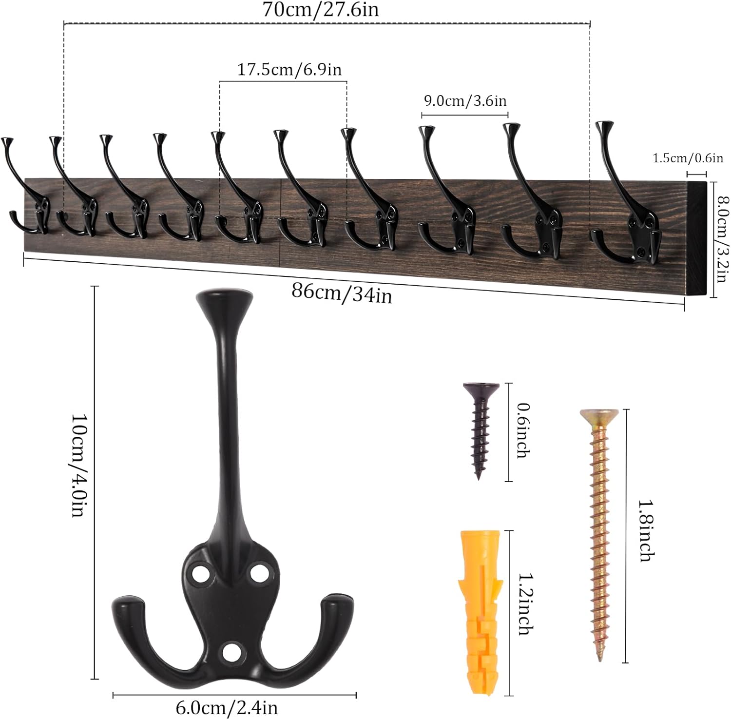 IBosins Wall Mounted Coat Rack with 10 Decorative Hooks, 34'' Long, Old Wood Color Coat Hanger, Rustic Coat Hooks Rail for Entryway Living Room Coat Scarf Bag Towel Hat