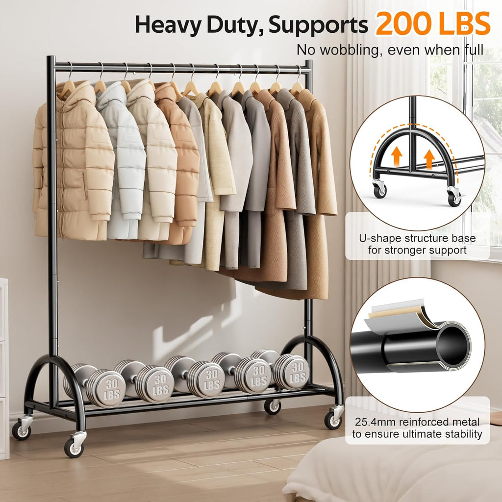 MISSLO Heavy Duty Clothing Rack with Wheels Rolling Clothes Racks for Hanging Clothes, Coats, Garment, Dress, Black
