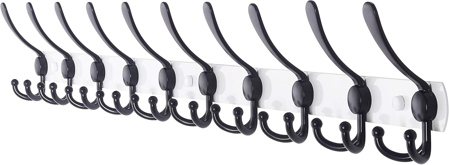 Dseap Coat Rack Wall Mounted - 5 Tri Hooks, Heavy Duty, Stainless Steel, Metal Coat Hook Rail for Coat Hat Towel Purse Robes Mudroom Bathroom Entryway (Black, 2 Packs)