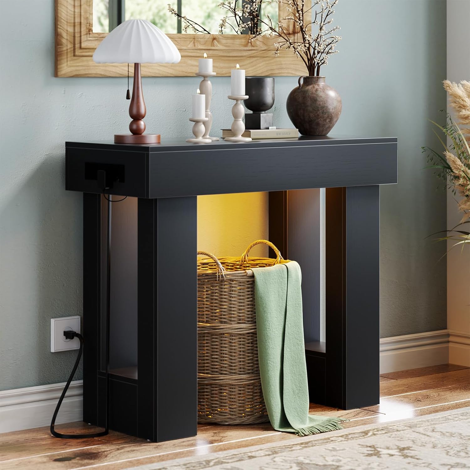 Unikito 47" Entryway Table with Socket and Sensor Light, Narrow Console Table with Storage Behind Couch, Farmhouse Entry Way Tables with Open Storage for Entrance/Hallway/Living Room, Natural Oak