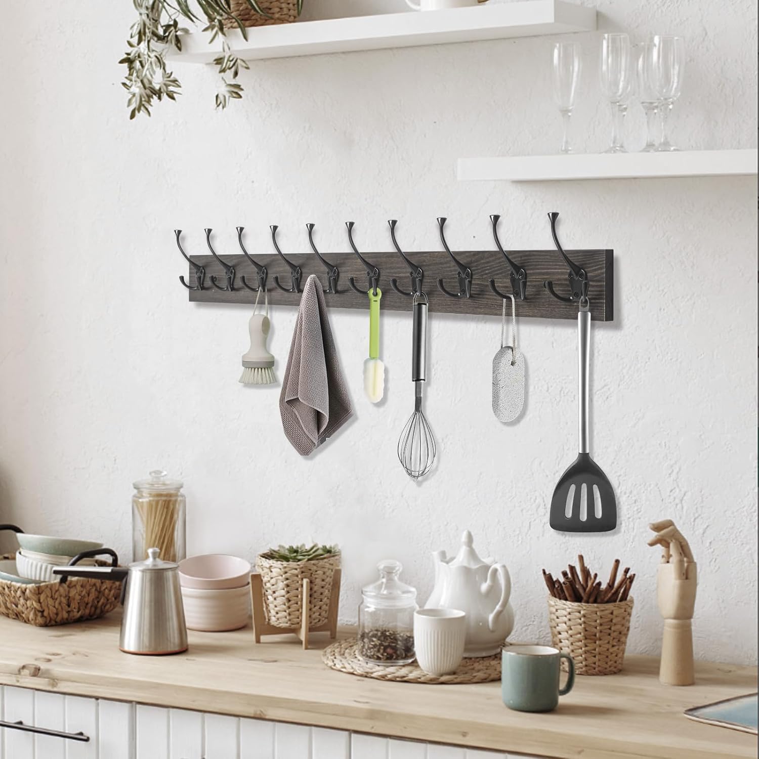 IBosins Wall Mounted Coat Rack with 10 Decorative Hooks, 34'' Long, Old Wood Color Coat Hanger, Rustic Coat Hooks Rail for Entryway Living Room Coat Scarf Bag Towel Hat