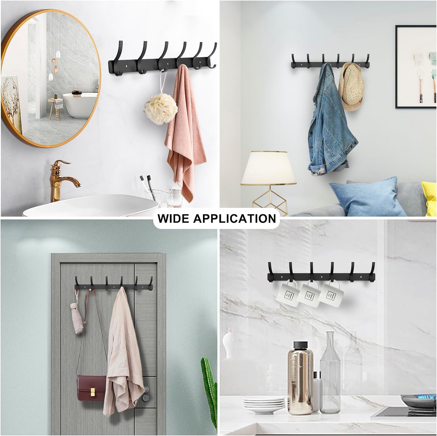 Coat Rack Wall Mounted,6 Coat Hooks for Hanging Coats,Metal Double Hook Rack Hook Rail,Coat Rack with Hooks,Wall Mount Coat Hanger for Hat Towel Purse Robes (2 Pack Black, 6 Hooks)