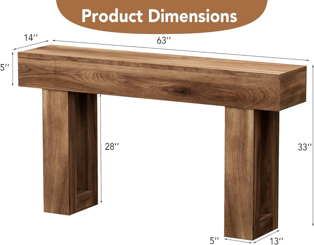 63 Inch Long Console Table, Narrow Rectangular Sofa Table Behind The Couch, Farmhouse Entryway Table for Entrance, Hallway, Living Room (Brown)