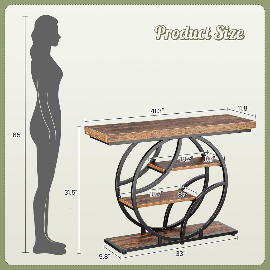 Huuger 41.3 Inch Entryway Table, Industrial Console Sofa Table with Storage, Accent Table with Shelves, for Entry, Hallway, Entrance, Foyer, O-Shaped Metal Frame, Rustic Brown