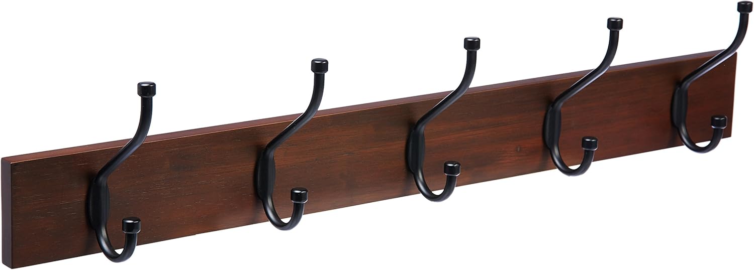 Amazon Basics Wall-Mounted Coat Rack, 5 Hook, Light Walnut | Farmhouse, Rectangular