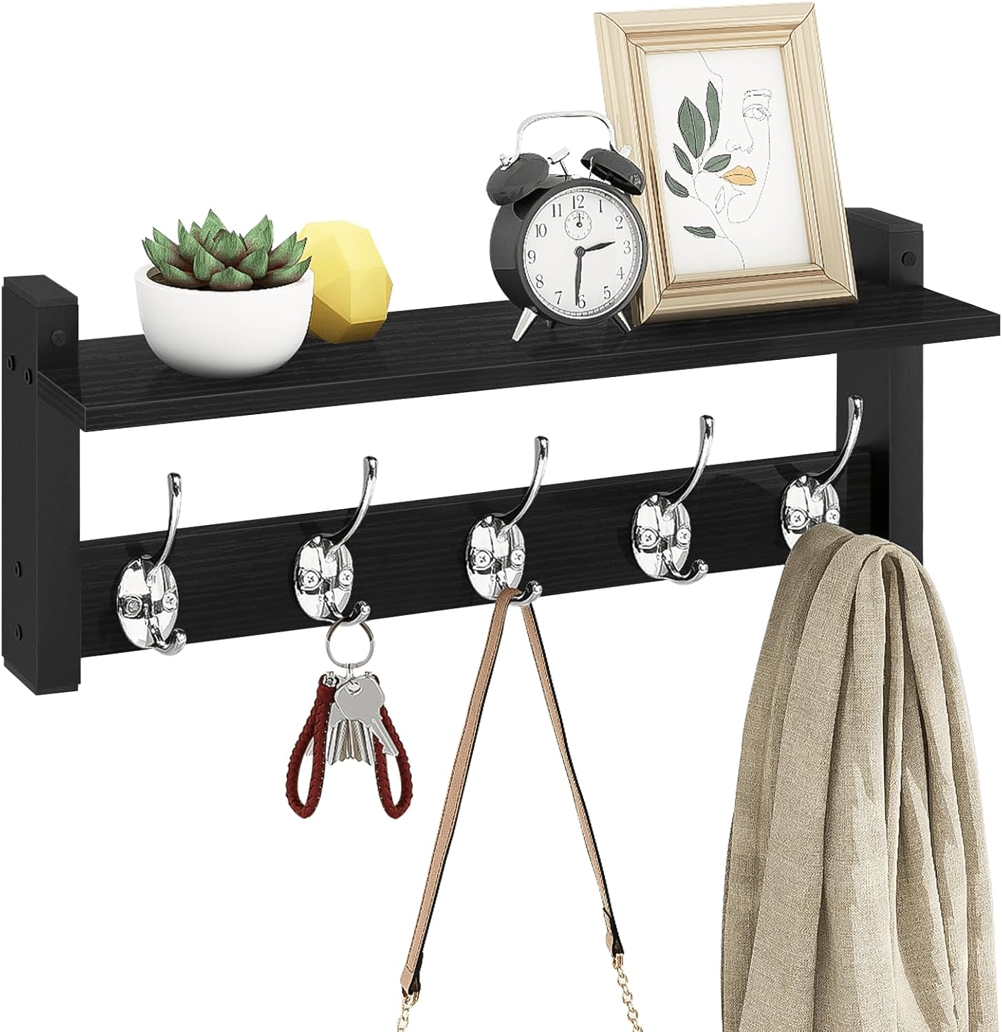 Homode Wall Hooks with Shelf, Wood Coat Rack with Shelf Wall-Mounted, Entryway Hanging Shelves with 5 Metal Hooks for Clothes Hats Towel Purse Robes, Bathroom Mudroom Bedroom, Rustic Brown Black