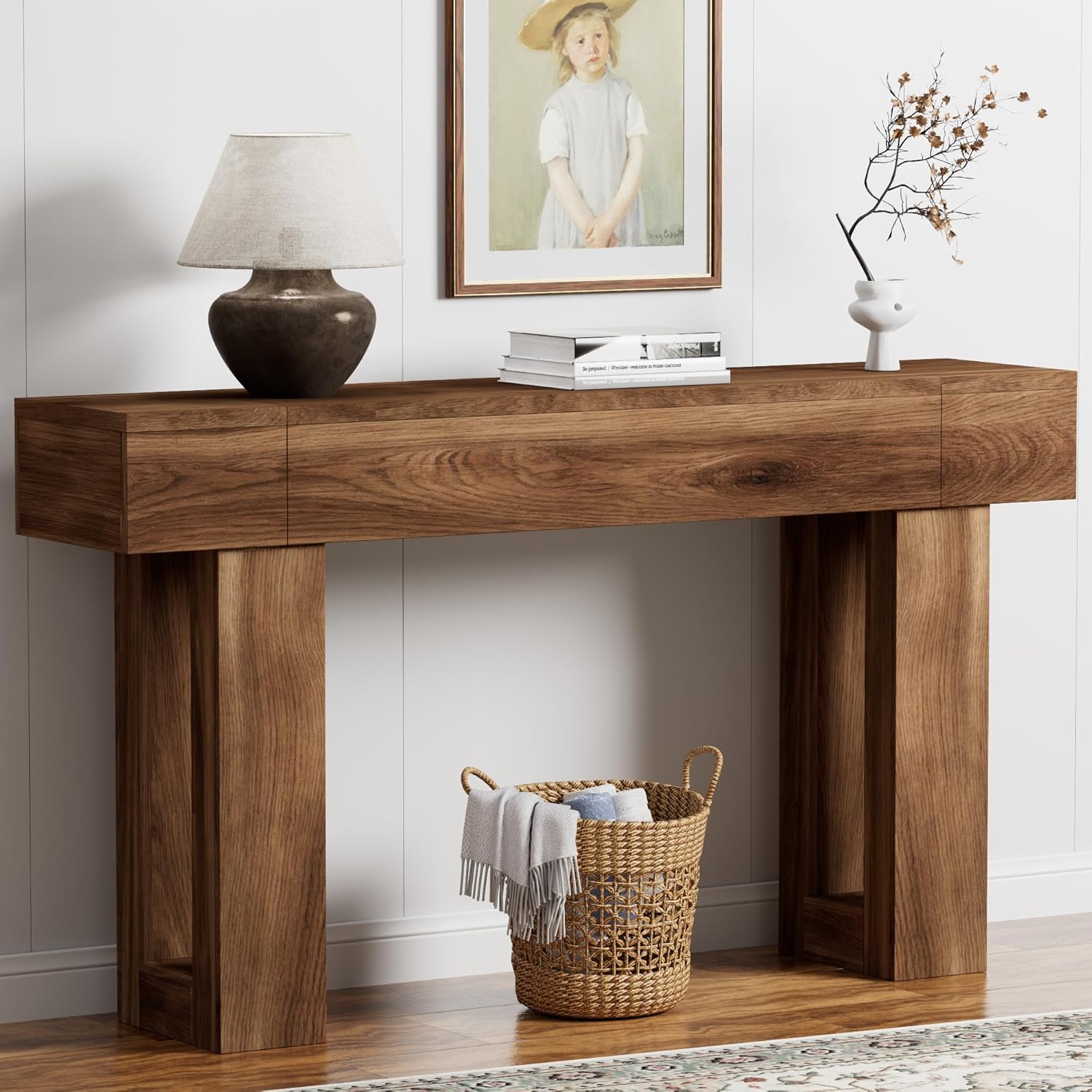 63 Inch Long Console Table, Narrow Rectangular Sofa Table Behind The Couch, Farmhouse Entryway Table for Entrance, Hallway, Living Room (Brown)