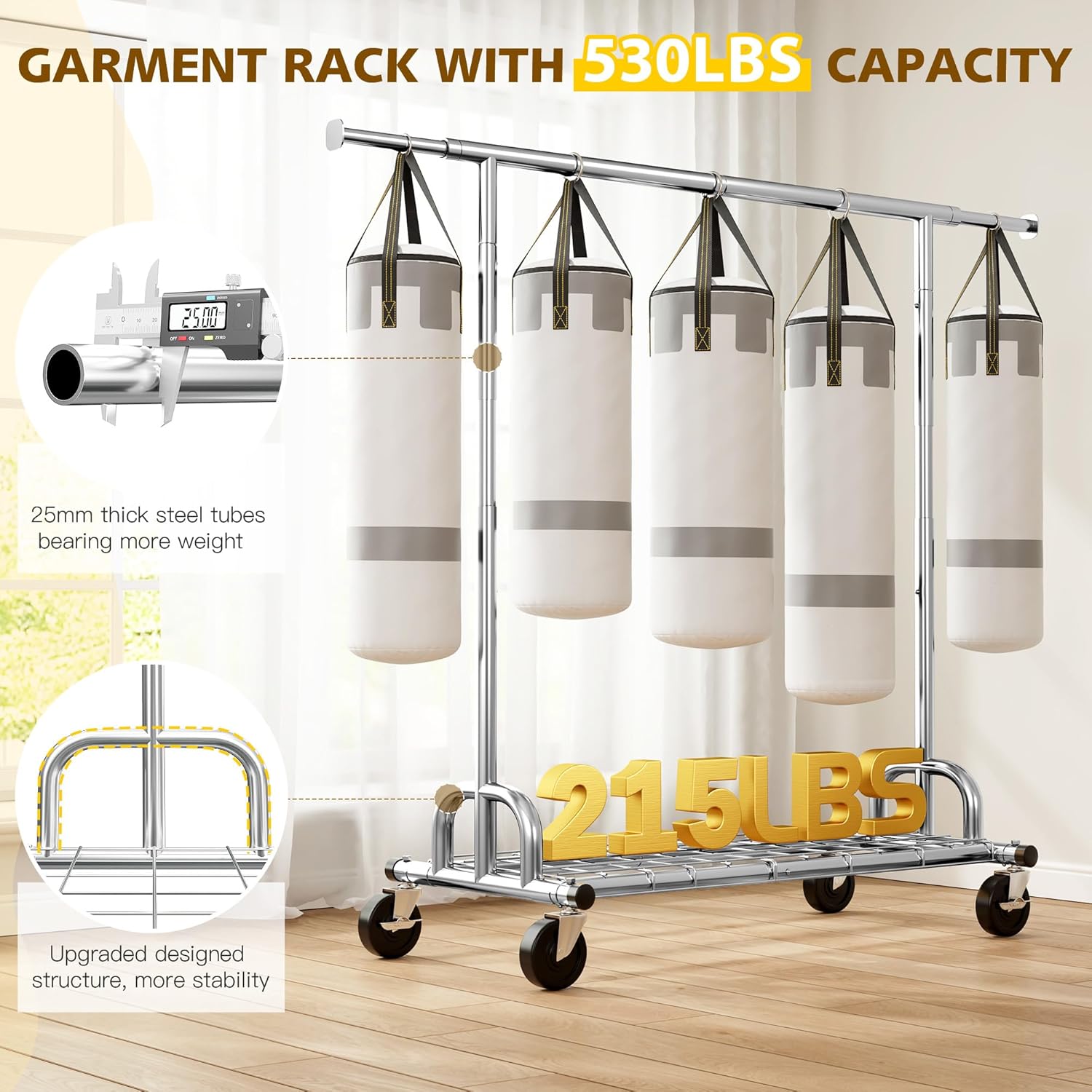 Raybee 75" W Heavy Duty Clothes Rack, 530 LBS Clothing Racks for Hanging Clothes, Rolling Clothing Rack with Sturdy Wheels, Metal Garment Rack for Bedroom, Laundry Room, Retail Store, Chrome