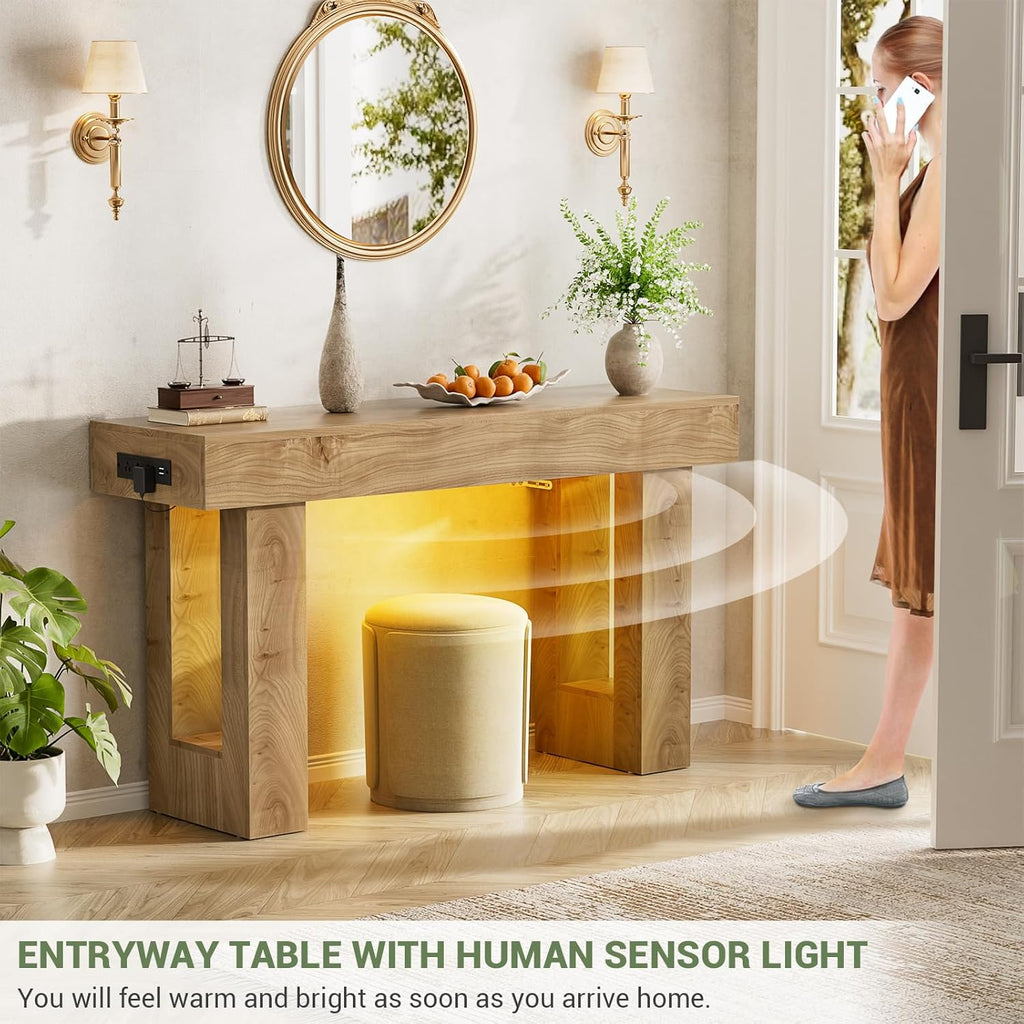 Unikito 47" Entryway Table with Socket and Sensor Light, Narrow Console Table with Storage Behind Couch, Farmhouse Entry Way Tables with Open Storage for Entrance/Hallway/Living Room, Natural Oak