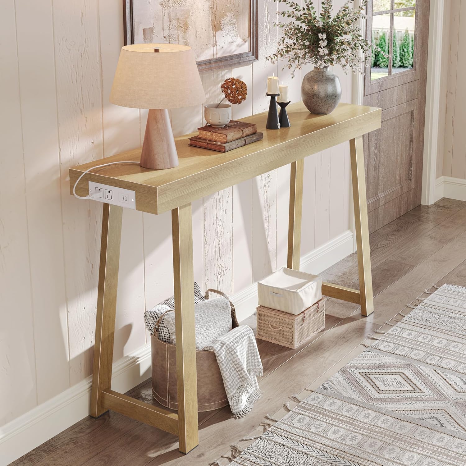 Huuger Entryway Console Table with Charging Station, USB-C Port, 47.2 Inch Sofa Table with Metal Legs, Entry Hallway Table with Thicker Desktop, Modern Behind Couch Table, Rustic Brown