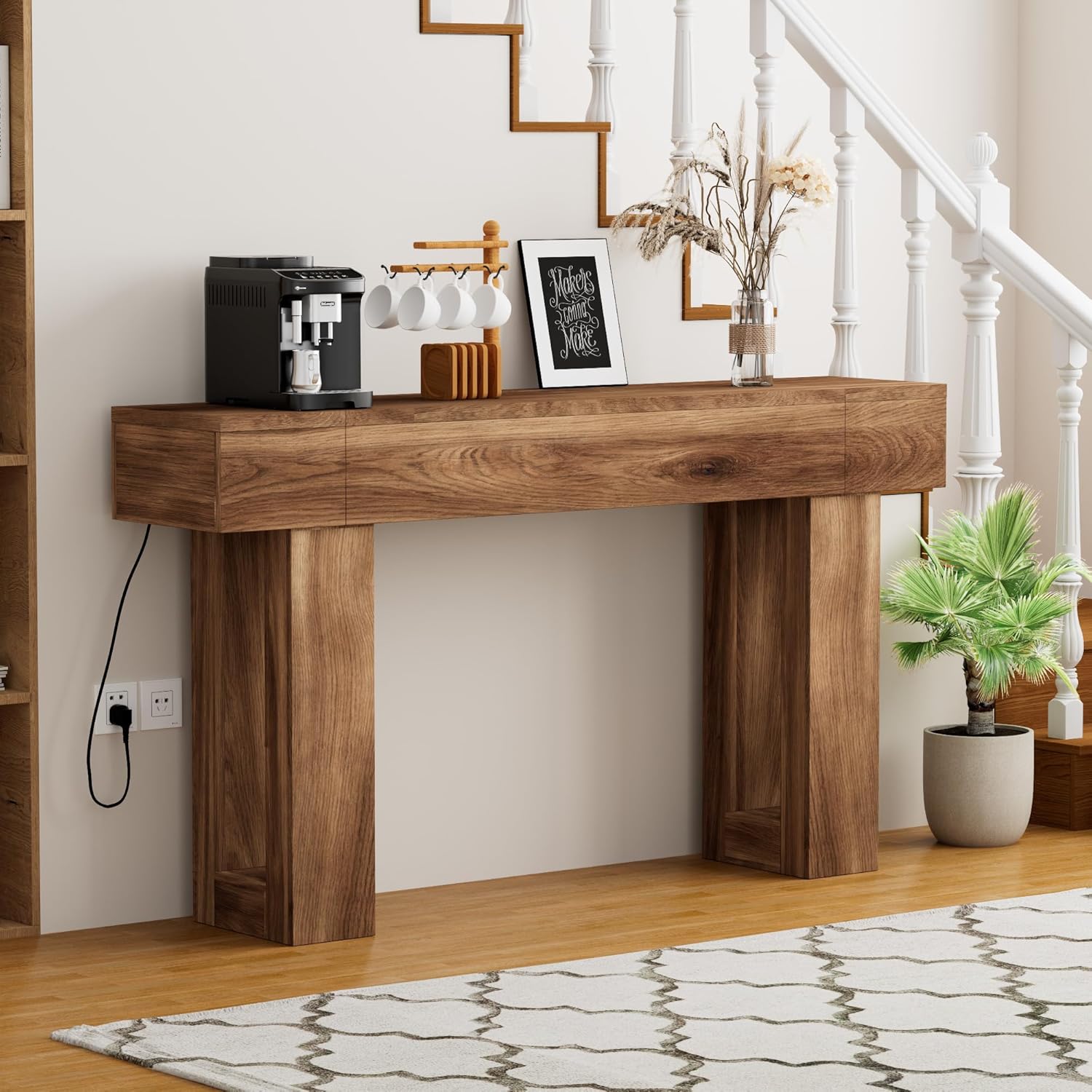 63 Inch Long Console Table, Narrow Rectangular Sofa Table Behind The Couch, Farmhouse Entryway Table for Entrance, Hallway, Living Room (Brown)