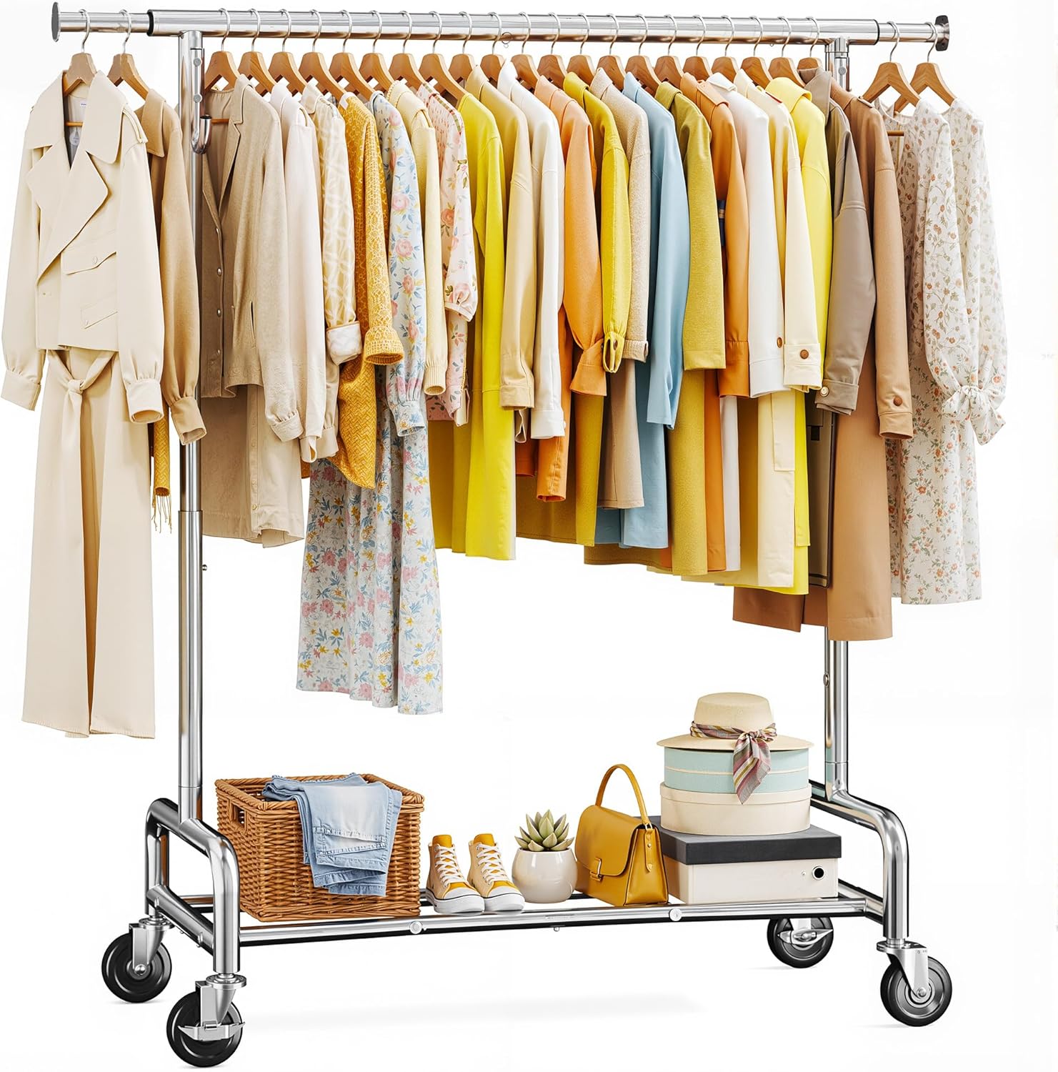 Raybee 75" W Heavy Duty Clothes Rack, 530 LBS Clothing Racks for Hanging Clothes, Rolling Clothing Rack with Sturdy Wheels, Metal Garment Rack for Bedroom, Laundry Room, Retail Store, Chrome