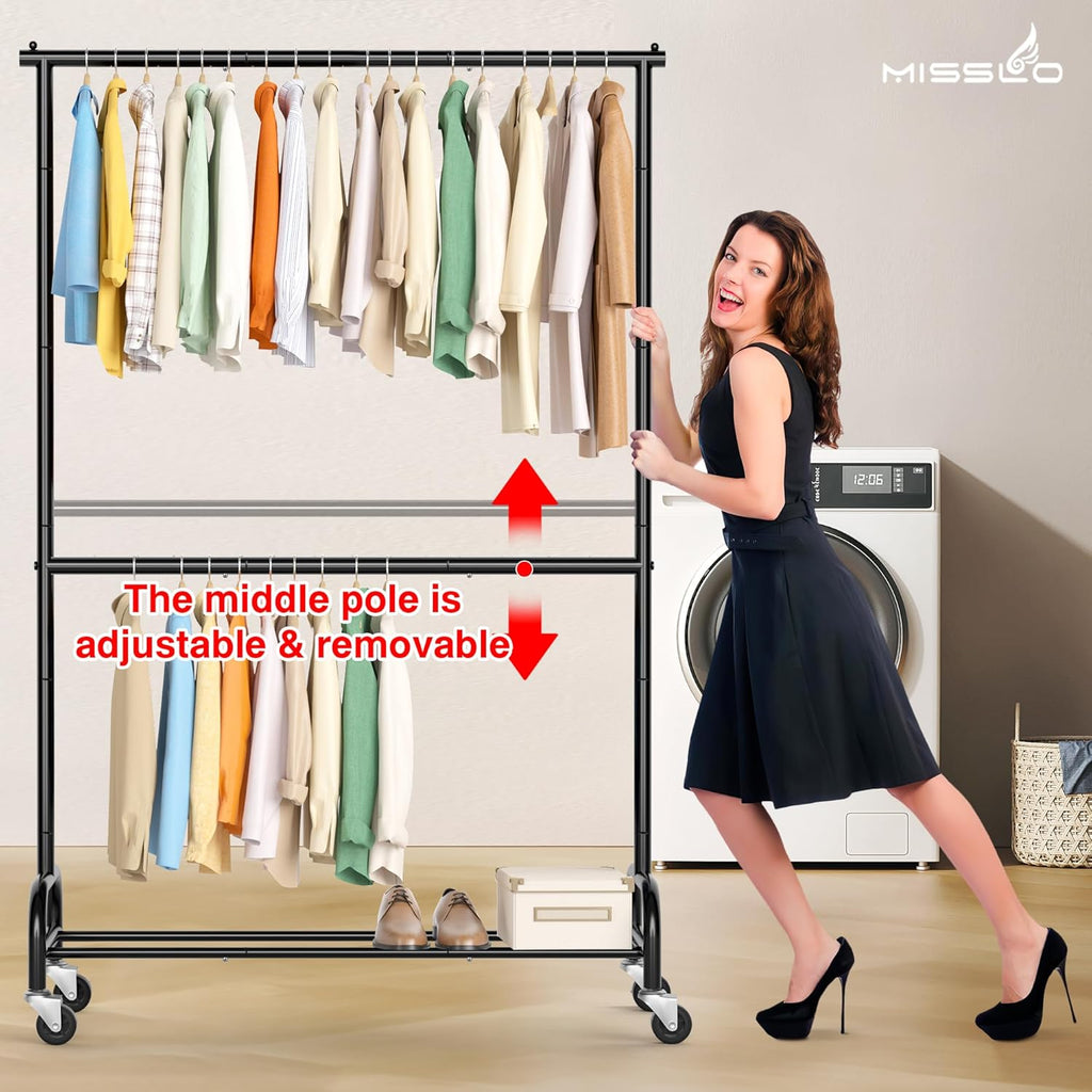 MISSLO Heavy Duty Clothes Rack for Hanging Clothes Rolling Clothing Rack Heavy Duty on Wheels for Coat, Garment, Matte Black (Double Rod)