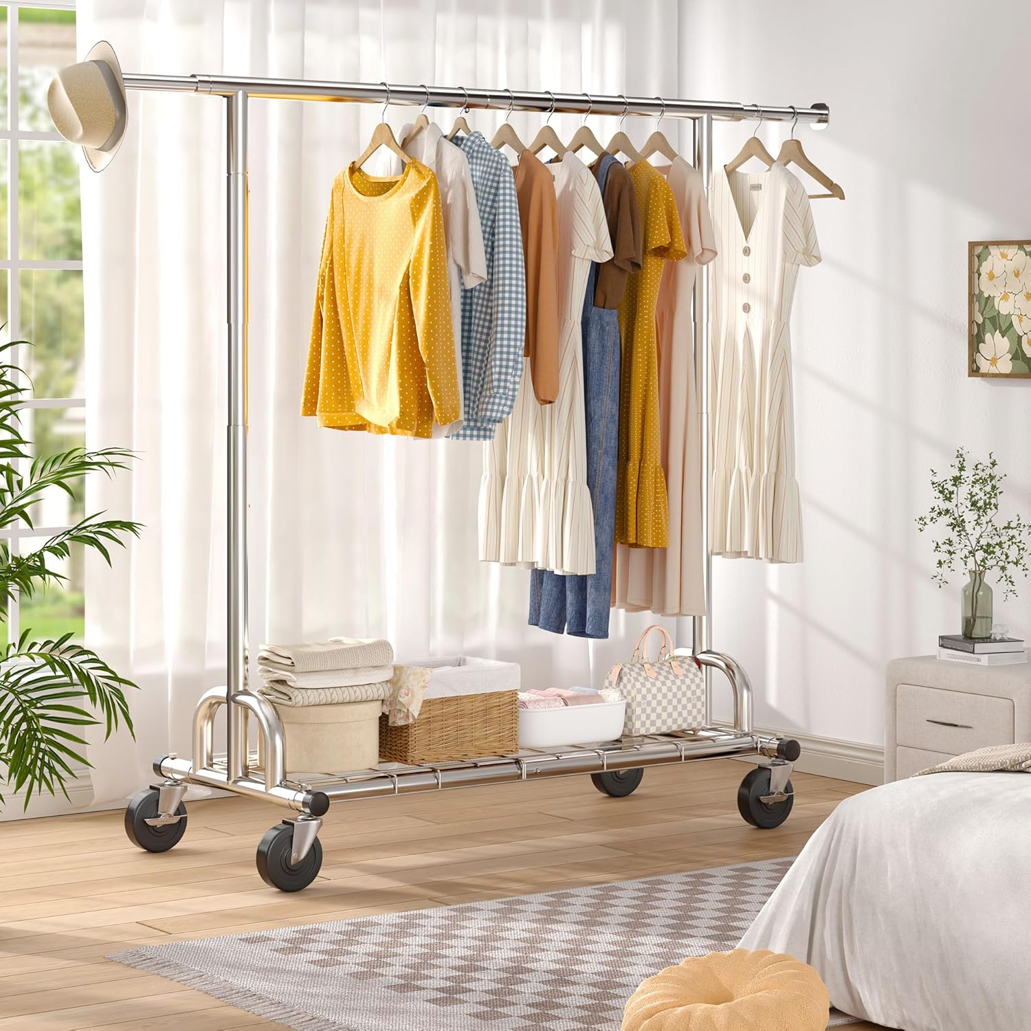 Raybee 75" W Heavy Duty Clothes Rack, 530 LBS Clothing Racks for Hanging Clothes, Rolling Clothing Rack with Sturdy Wheels, Metal Garment Rack for Bedroom, Laundry Room, Retail Store, Chrome