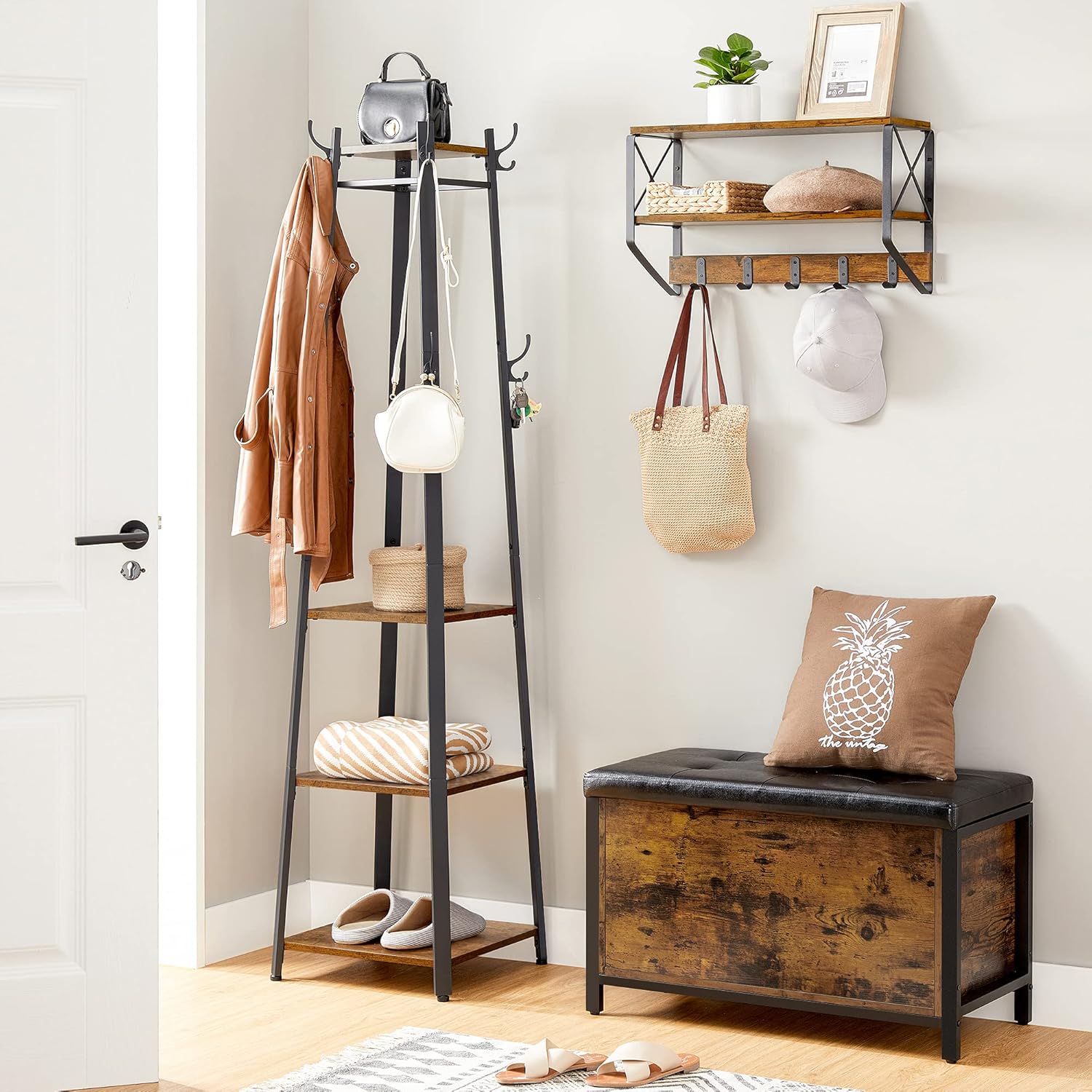 VASAGLE Coat Rack, Coat Stand with 3 Shelves, Hall Tree Free Standing with Hooks for Scarves, Bags, Umbrellas, Steel Frame, Industrial Style, for Entryway, Living Room, Rustic Brown and Black ULCR80X