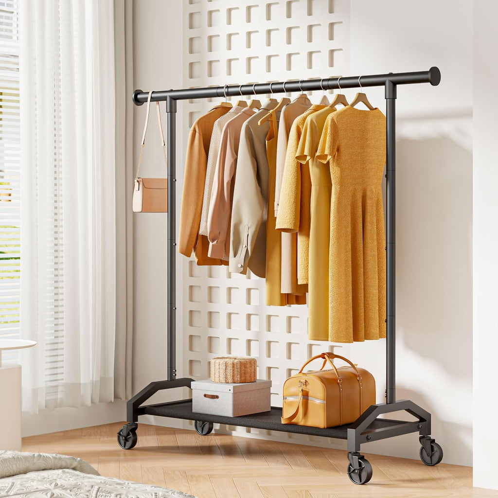 Clothes Rack Clothing Racks for Hanging Clothes Heavy Duty Clothes Rack Hanger Rack 200lbs Capacity Industrial Wheels 1" Pipe,Rolling Garment Rack Portable Clothes Rack Black