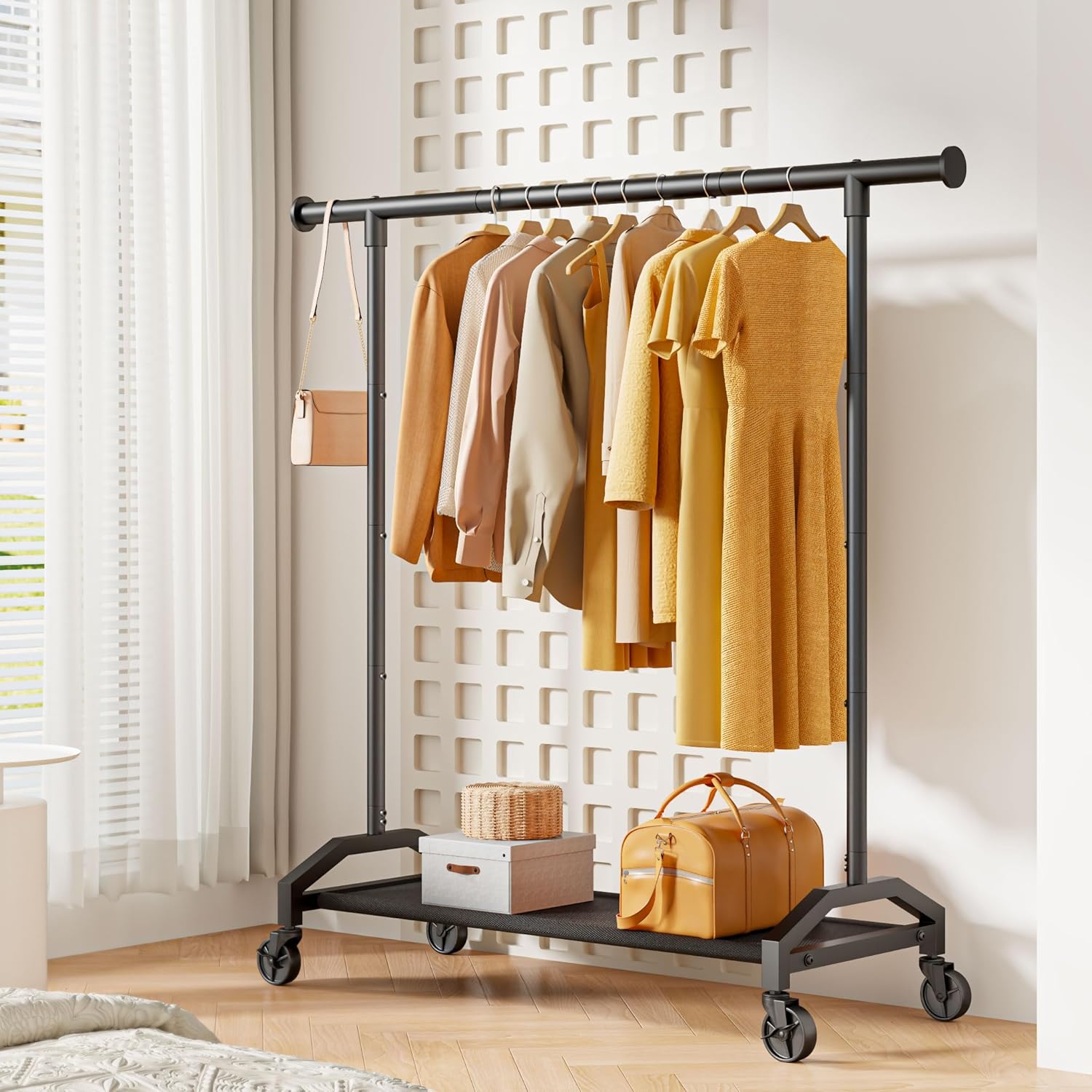 Clothes Rack Clothing Racks for Hanging Clothes Heavy Duty Clothes Rack Hanger Rack 200lbs Capacity Industrial Wheels 1" Pipe,Rolling Garment Rack Portable Clothes Rack Black