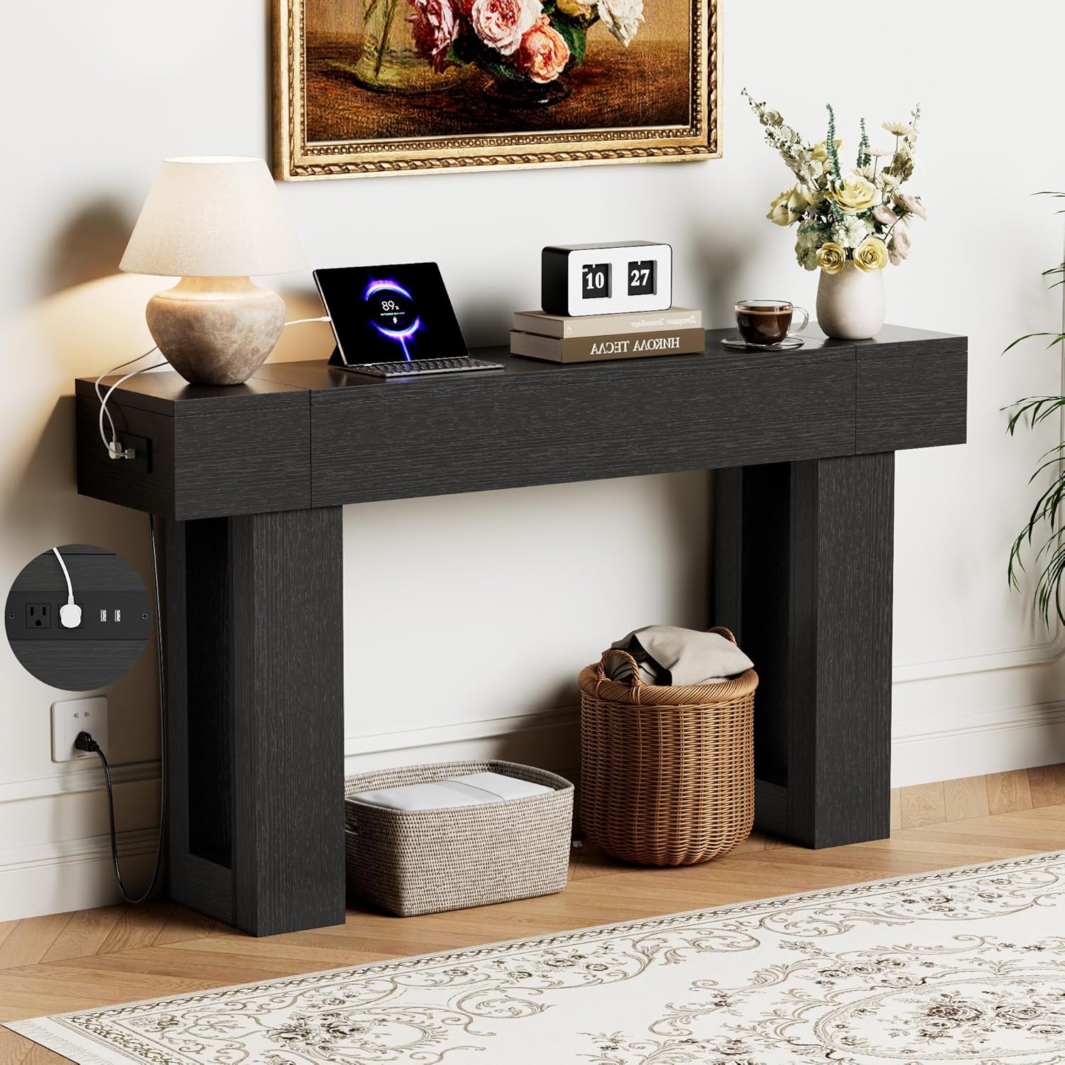 63 Inch Long Console Table, Narrow Rectangular Sofa Table Behind The Couch, Farmhouse Entryway Table for Entrance, Hallway, Living Room (Brown)