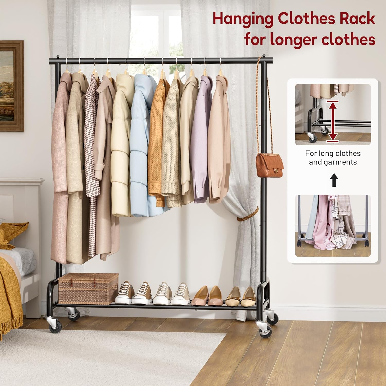 SLEEPING LAMB Heavy Duty Clothing Racks for Hanging Clothes Rack, 43" Wide Rolling Garment Rack Metal Clothing Hanger Rack with Wheels Wardrobe Rack for Coats, Shirts, Dress, (Black)
