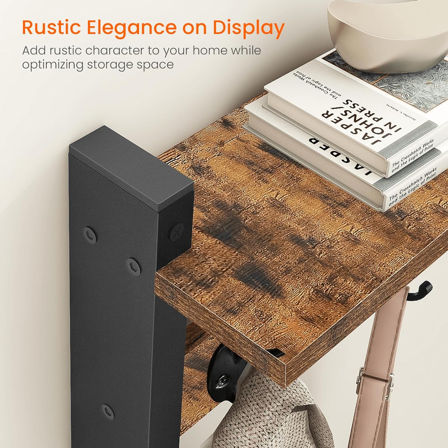 Homode Wall Hooks with Shelf, Wood Coat Rack with Shelf Wall-Mounted, Entryway Hanging Shelves with 5 Metal Hooks for Clothes Hats Towel Purse Robes, Bathroom Mudroom Bedroom, Rustic Brown Black