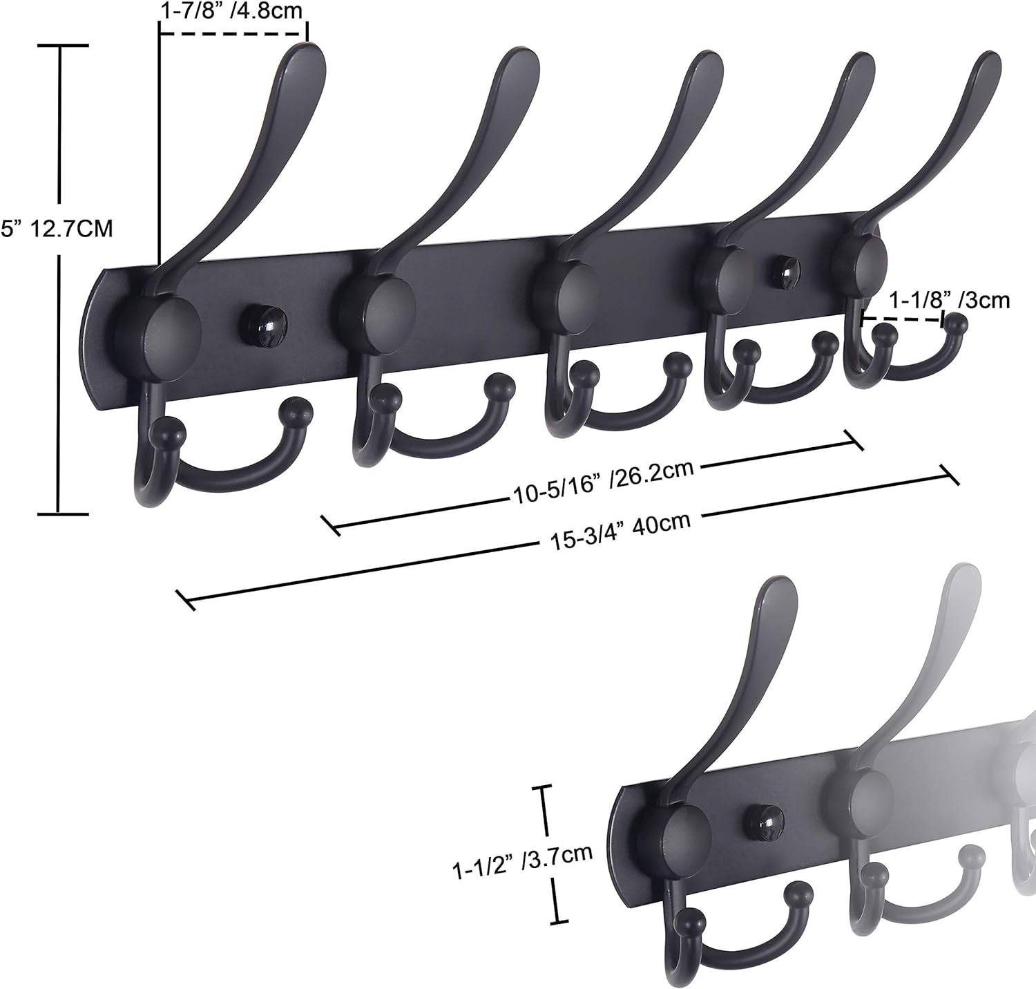 Dseap Coat Rack Wall Mounted - 5 Tri Hooks, Heavy Duty, Stainless Steel, Metal Coat Hook Rail for Coat Hat Towel Purse Robes Mudroom Bathroom Entryway (Black, 2 Packs)