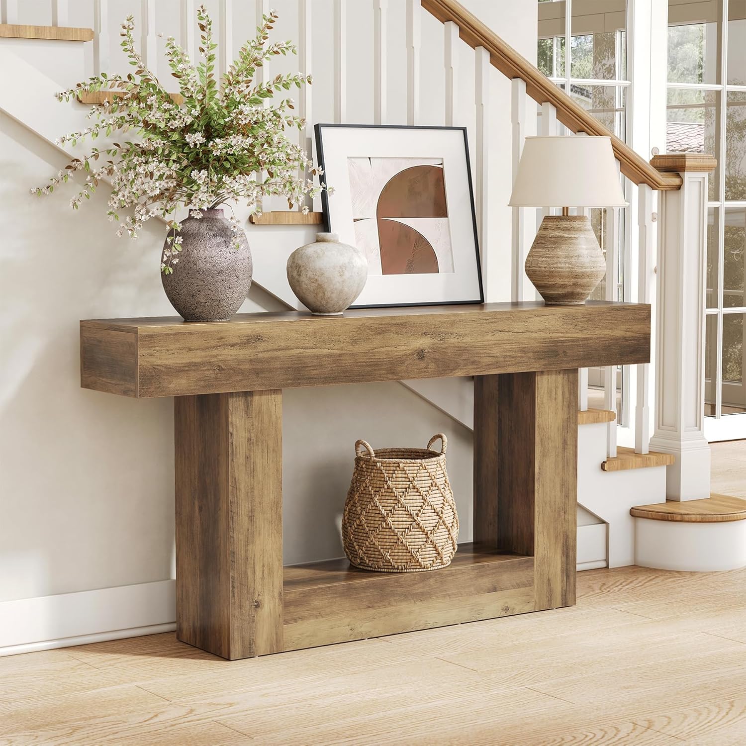 LITTLE TREE 63 Inches Long Console Table, 2-Tier Farmhouse Sofa Table Behind Couch, Large Narrow Entryway Table for Living Room, Wooden Hallway Foyer Table with Heavy Duty Base, Rustic Brown and Grey