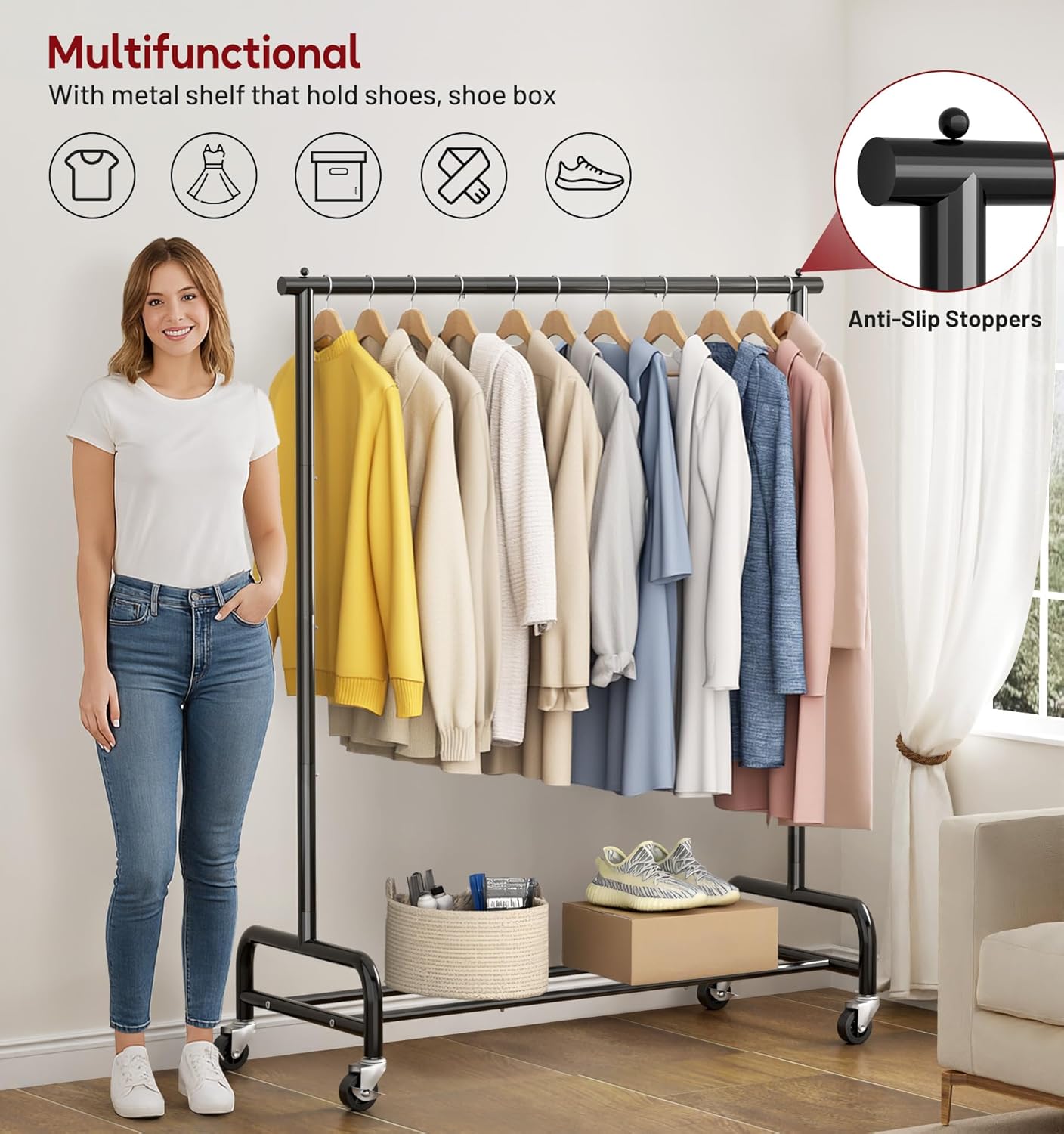 SLEEPING LAMB Heavy Duty Clothing Racks for Hanging Clothes Rack, 43" Wide Rolling Garment Rack Metal Clothing Hanger Rack with Wheels Wardrobe Rack for Coats, Shirts, Dress, (Black)