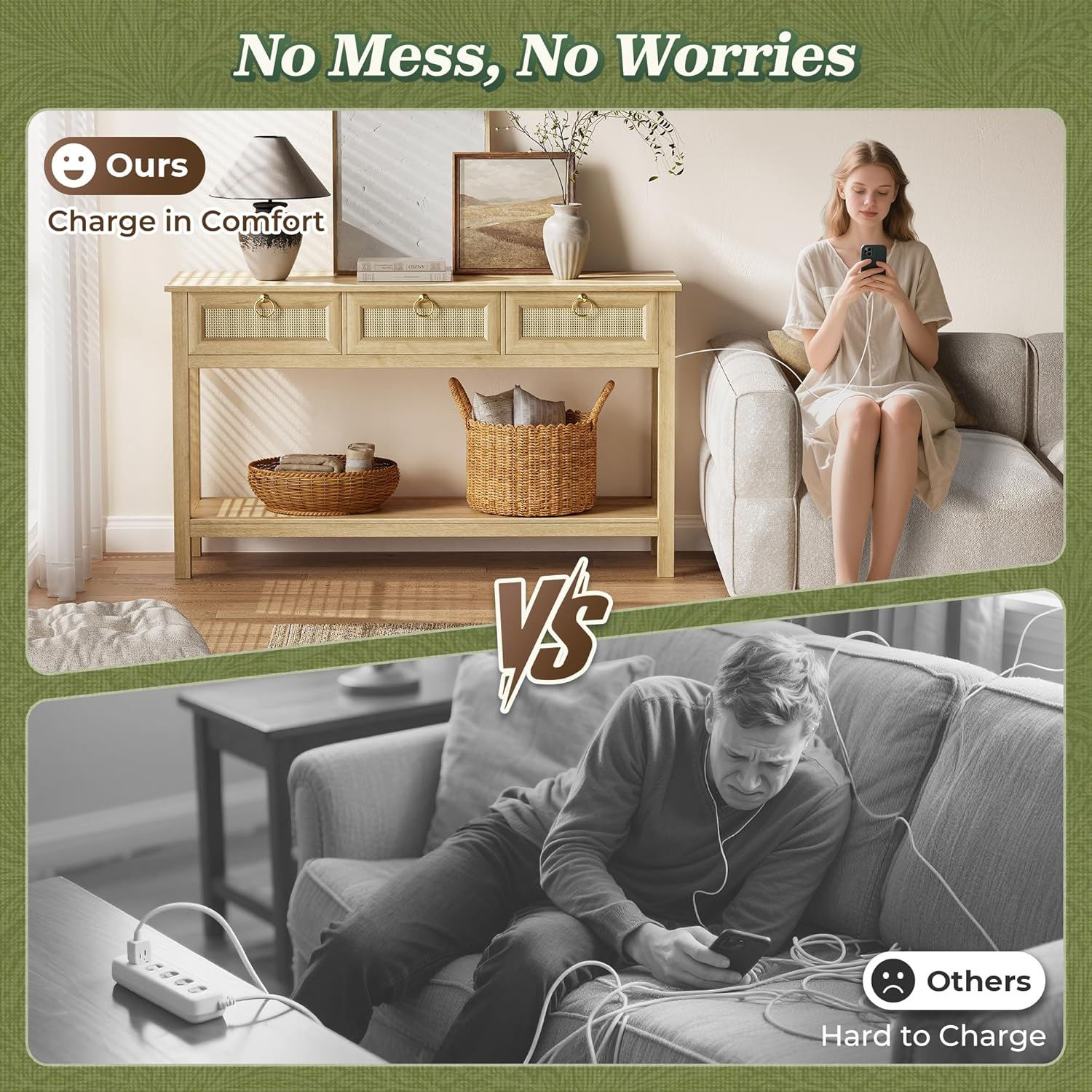 SUPERJARE Rattan Console Sofa Table with Outlets and USB-C Port, 3 Drawer Entryway Table with Synthetic Rattan Surface, Open Shelf, Behind Couch Entry Foyer Hallway Storage, Natural