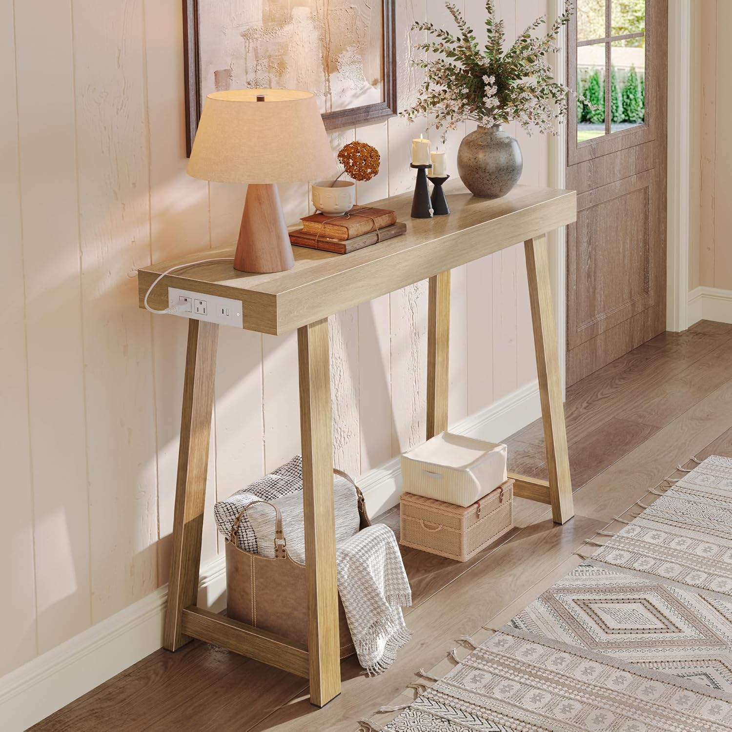 Huuger Entryway Console Table with Charging Station, USB-C Port, 47.2 Inch Sofa Table with Metal Legs, Entry Hallway Table with Thicker Desktop, Modern Behind Couch Table, Rustic Brown