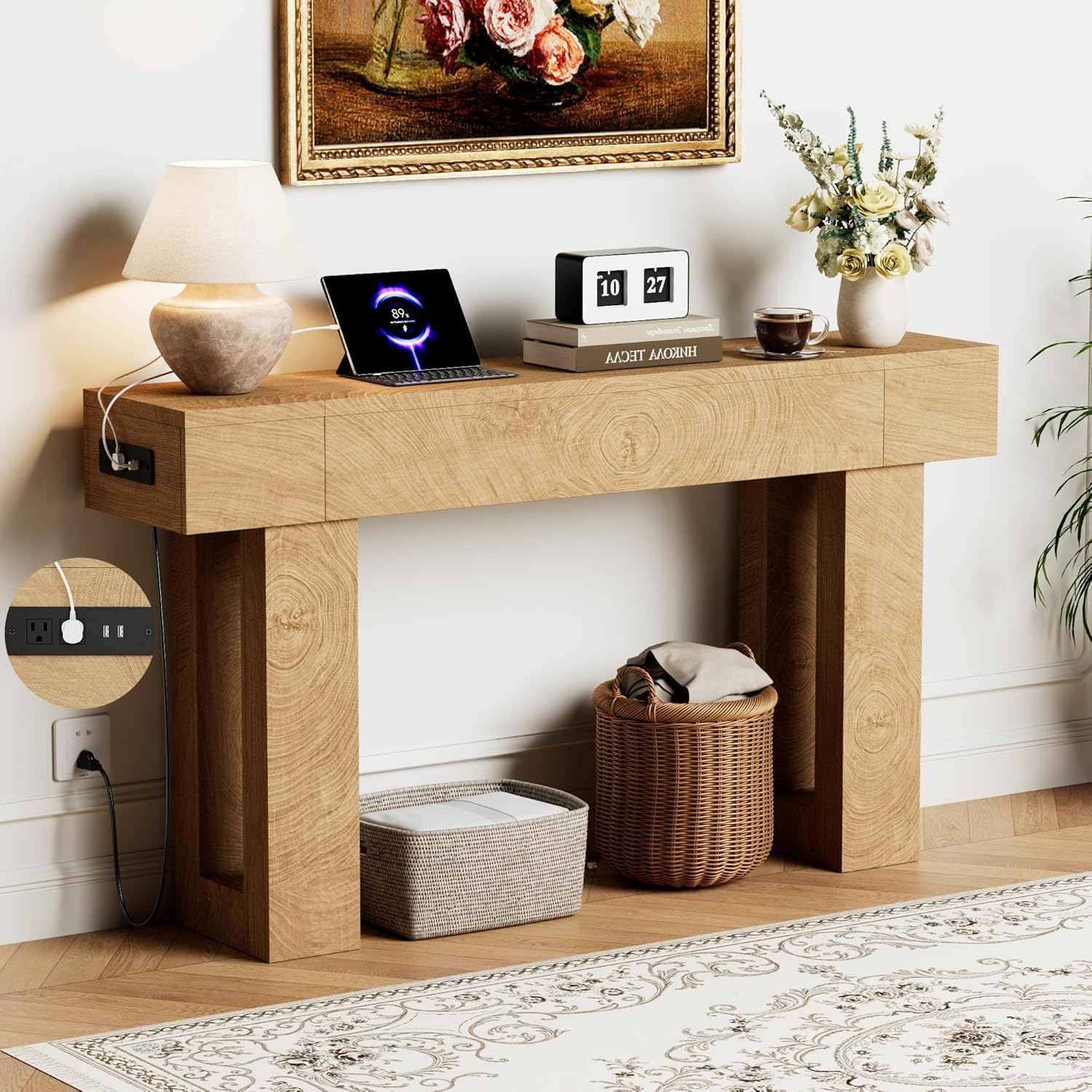 63 Inch Long Console Table, Narrow Rectangular Sofa Table Behind The Couch, Farmhouse Entryway Table for Entrance, Hallway, Living Room (Brown)