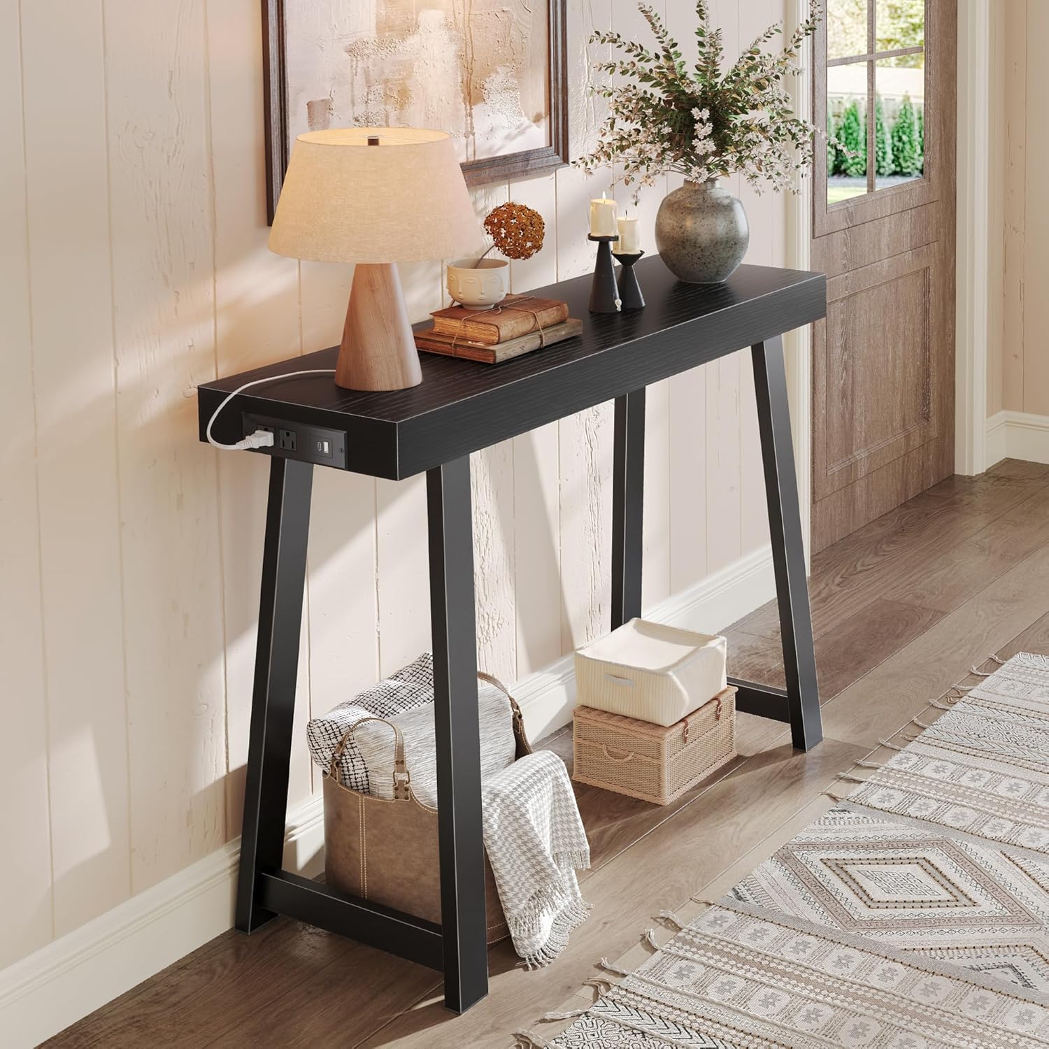 Huuger Entryway Console Table with Charging Station, USB-C Port, 47.2 Inch Sofa Table with Metal Legs, Entry Hallway Table with Thicker Desktop, Modern Behind Couch Table, Rustic Brown