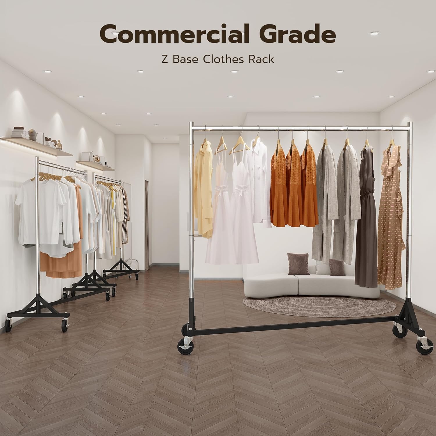 HOKEEPER Commercial Z Base Garment Rack Hold 500LBS Heavy Duty Clothing Rack Adjustable Rolling Clothes Rack for Hanging Clothes Racks on Wheels Portable Z Rack, Chrome Finish