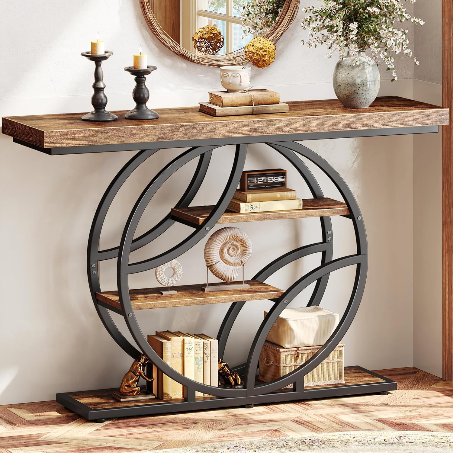 Huuger 41.3 Inch Entryway Table, Industrial Console Sofa Table with Storage, Accent Table with Shelves, for Entry, Hallway, Entrance, Foyer, O-Shaped Metal Frame, Rustic Brown