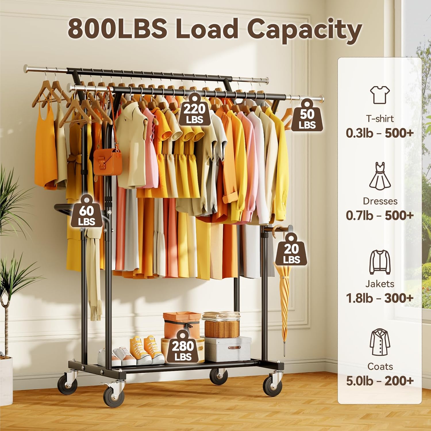 800LBS Heavy Duty Clothes Rack: Rolling Clothing Rack for Hanging Coat Double Rods Portable Wardrobe Garment Racks with Wheels Shelf Sturdy Metal Adjustable Bedroom Laundry Living Room
