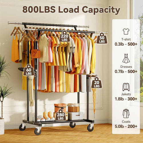 800LBS Heavy Duty Clothes Rack: Rolling Clothing Rack for Hanging Coat Double Rods Portable Wardrobe Garment Racks with Wheels Shelf Sturdy Metal Adjustable Bedroom Laundry Living Room